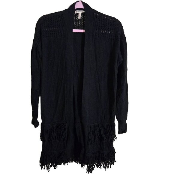 Rebecca Taylor Black Wool Fringe Open Knit Open Front Cardigan Sweater Size XS - Picture 2 of 7